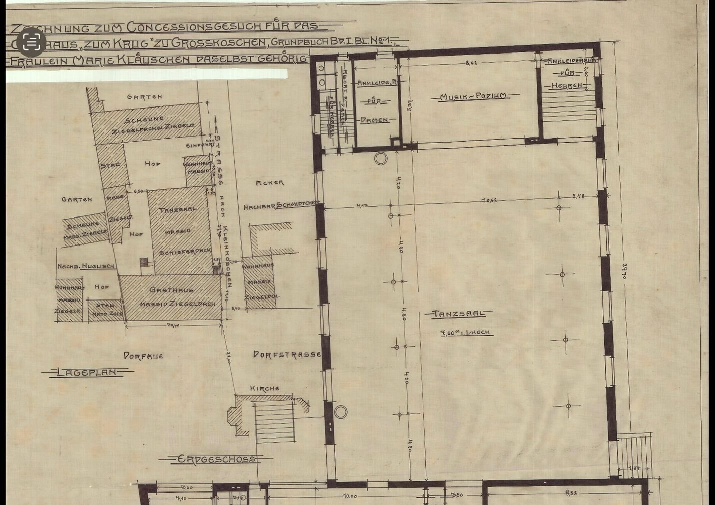 Historische Bauzeichnung des Gasthauses Zum Krug mit Tanzsaal und Gastzimmern