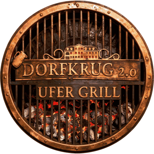 Logo Dorfkrug 2.0 Ufer Grill: runder Grillrost mit glühender Kohle